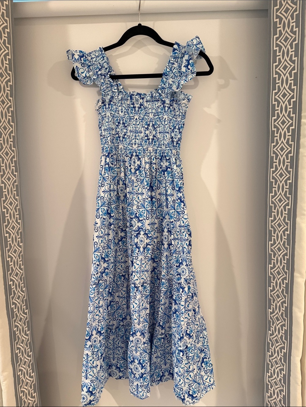 Blue Tile-Print Midi Dress - Smocked Bodice